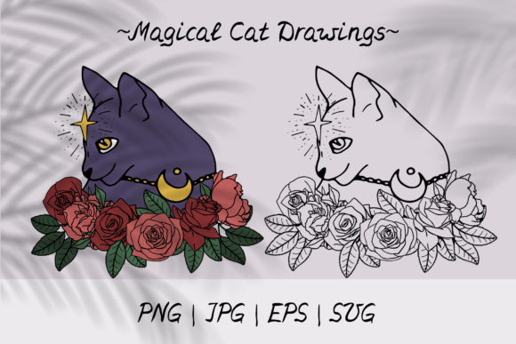 Download Magic Cat with Flowers Line Art SVG PNG - Svg Collection